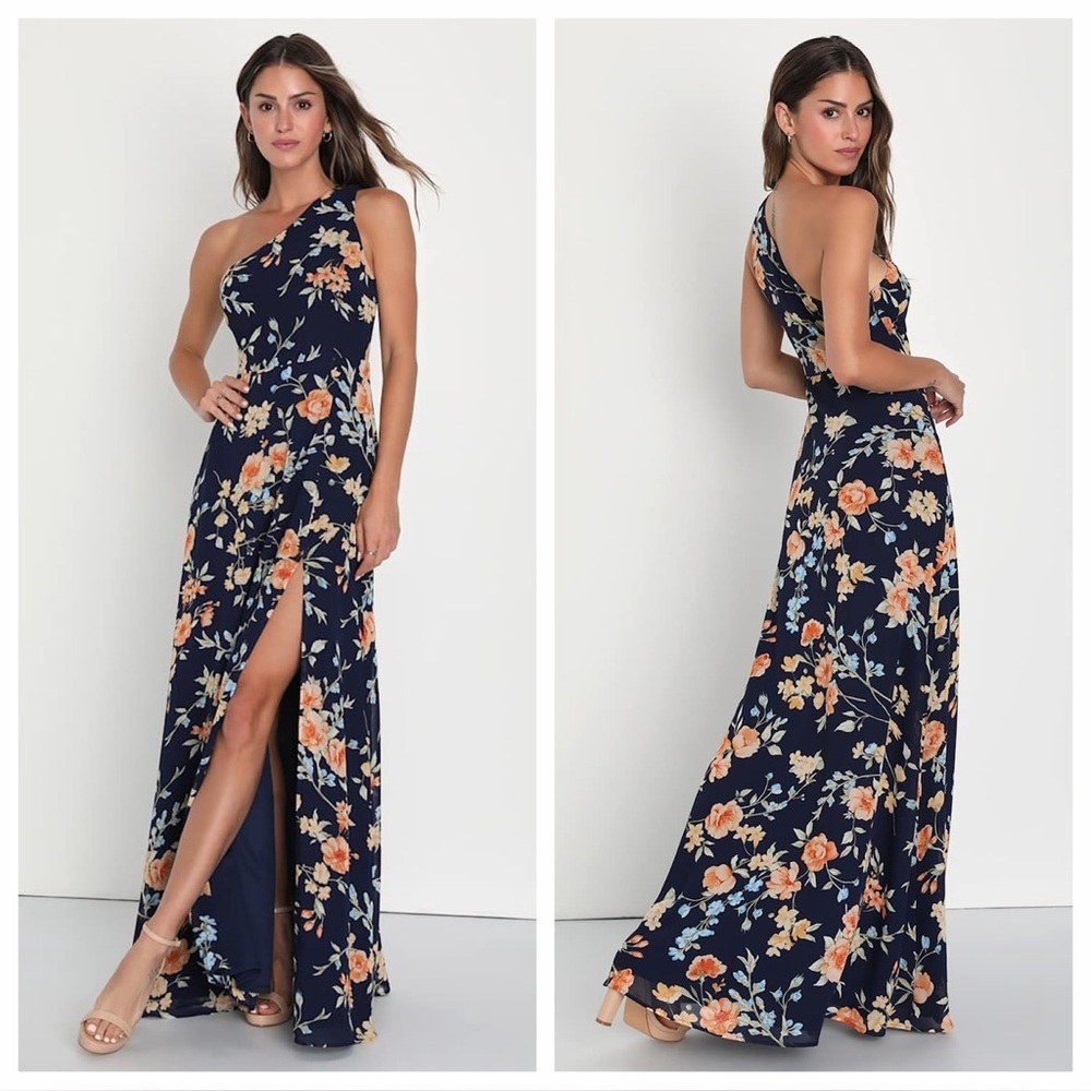 Lulus Elegant Admiration Navy Blue Floral One-Shoulder Maxi
Dress - Picture 2 of 7